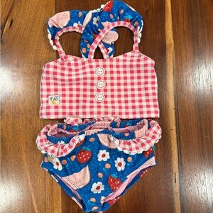 Wildflowers Size 2 Pink Gingham and Blue Floral Two-Piece Swimsuit